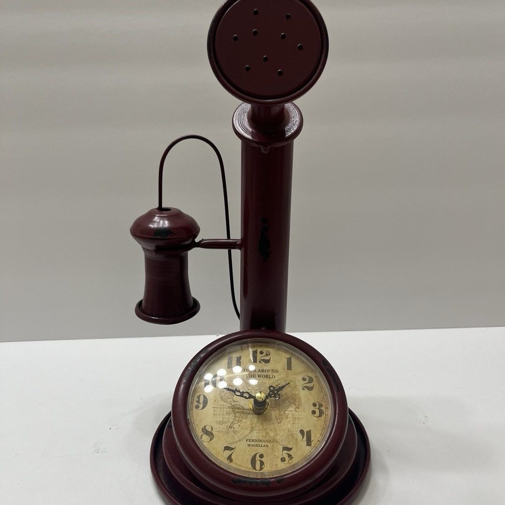 Vintage-Style Clock Red Antiqued Candlestick Phone Shaped Metal Distressed 13"